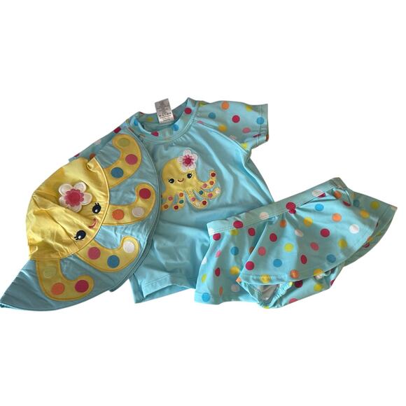 Gymboree Polka Dot Octopus Swim Set Rash Guard, Skirt & Hat Girl's 18-24 Months - Picture 1 of 10
